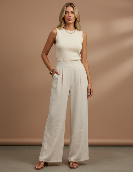 Pantalon Beige Fluide Plissé Ample Décontracté Femme - Polyester
