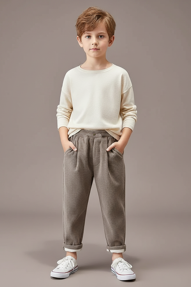 Pantalon Beige Côtelé Ample Décontracté Garçon Hiver - Marron Cordé