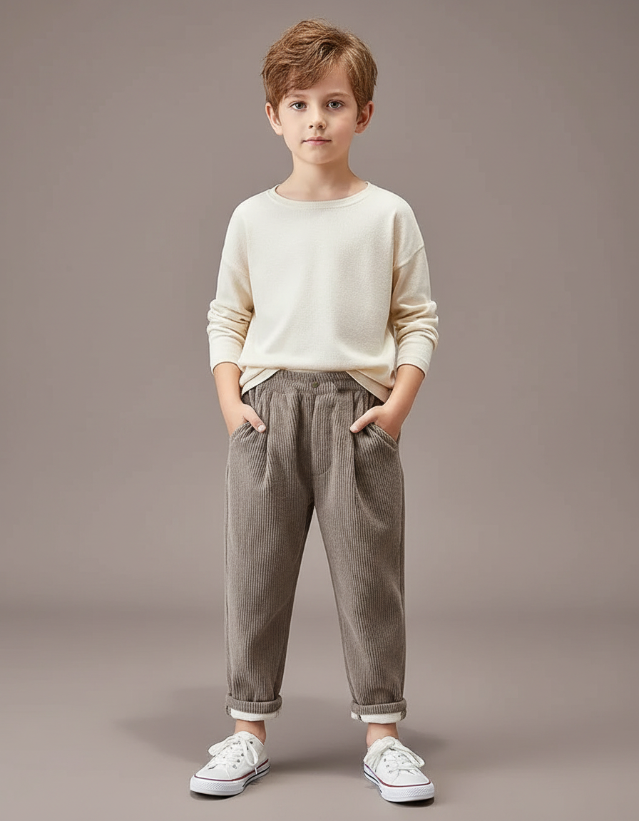 Pantalon Beige Côtelé Ample Décontracté Garçon Hiver - Marron Cordé