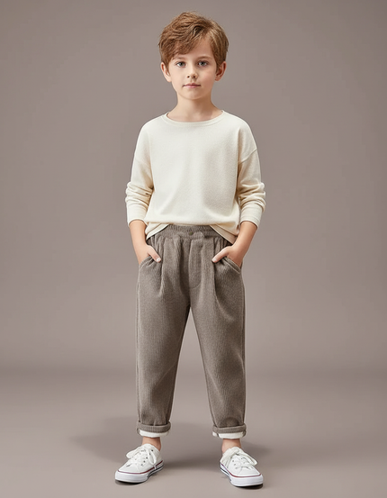 Pantalon Beige Côtelé Ample Décontracté Garçon Hiver - Marron Cordé