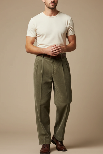 Pantalon Beige Côtelé Ample Plissé Décontracté Homme - Kaki Cordé
