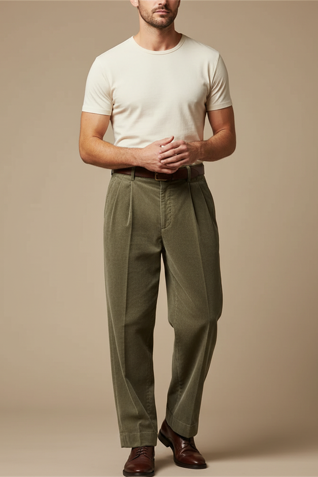 Pantalon Beige Côtelé Ample Plissé Décontracté Homme - Kaki Cordé