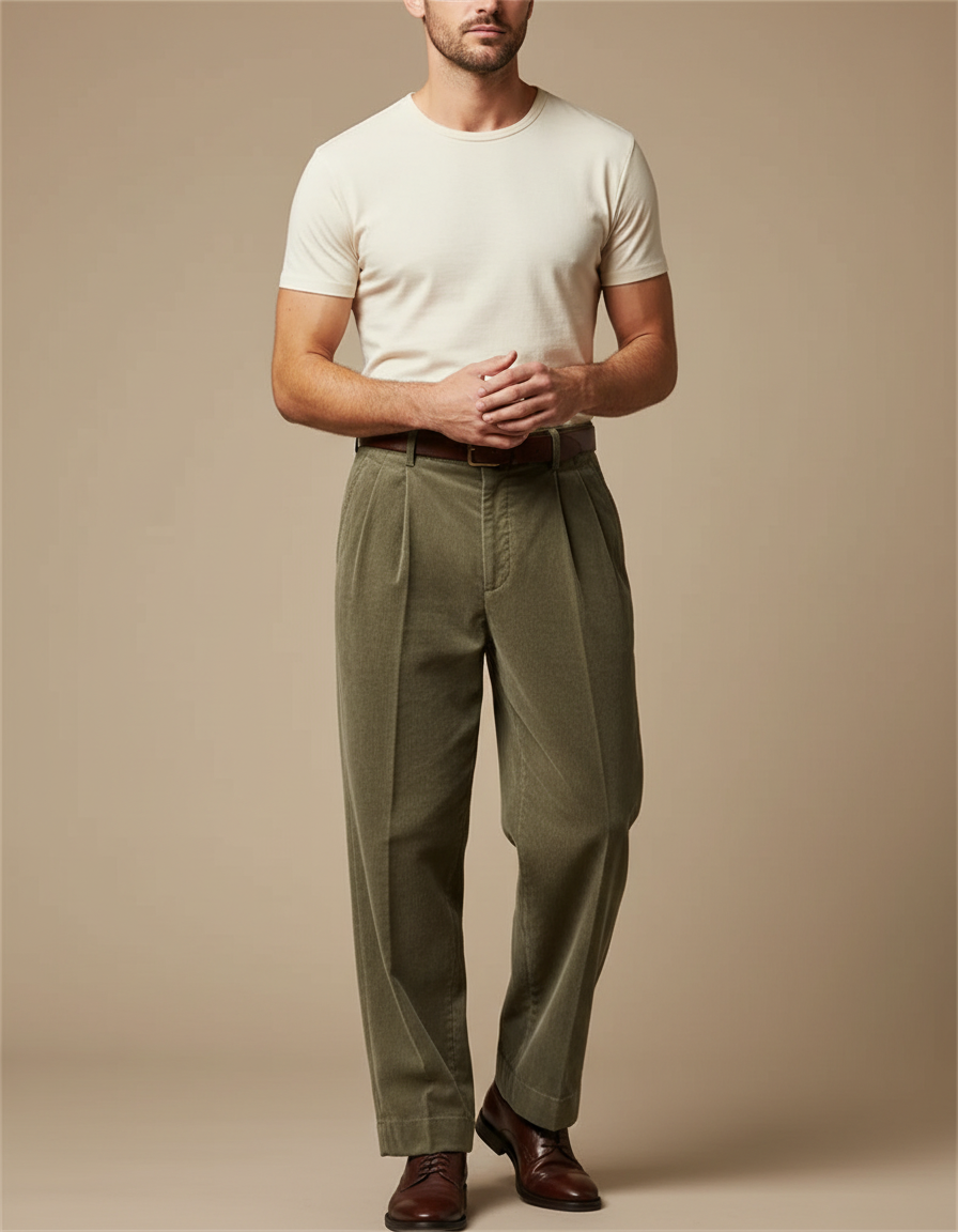 Pantalon Beige Côtelé Ample Plissé Décontracté Homme - Kaki Cordé