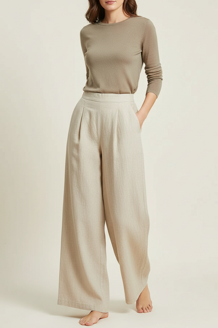 Pantalon Beige Ample Lin Taille Haute Plissé