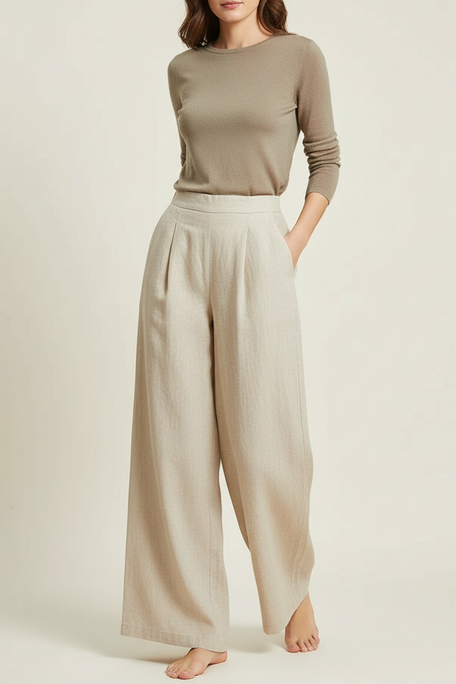 Pantalon Beige Ample Lin Taille Haute Plissé