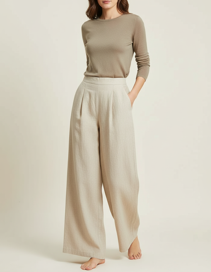 Pantalon Beige Ample Lin Taille Haute Plissé