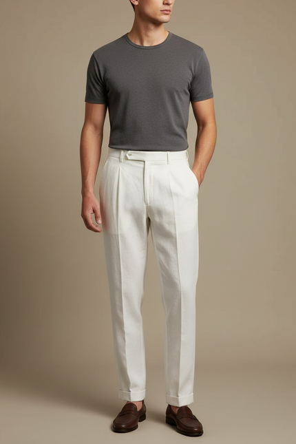 Pantalon Beige Droit Plissé Lin Homme Élégant