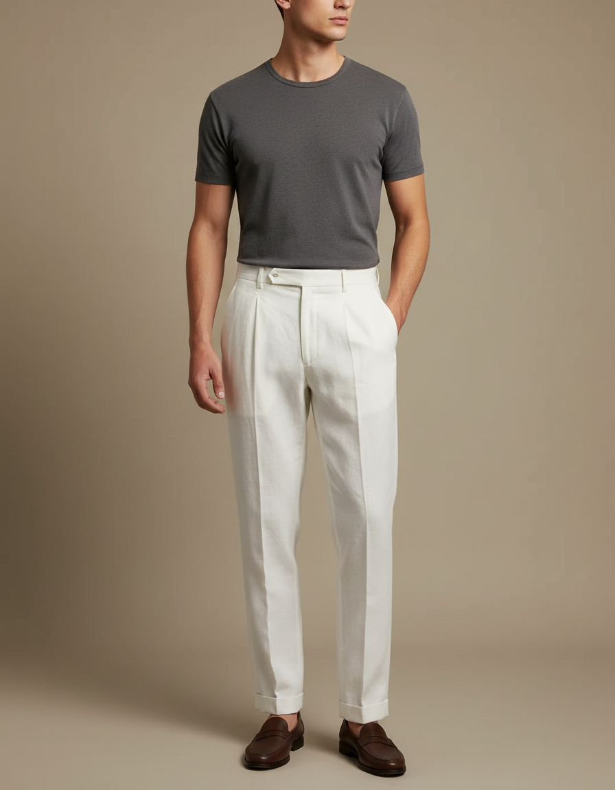 Pantalon Beige Droit Plissé Lin Homme Élégant