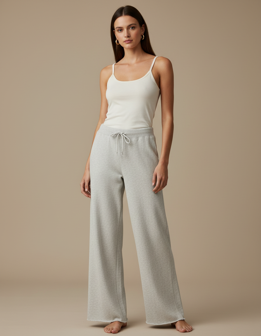 Pantalon Beige Droit Ample Coton Femme - Gris Molleton