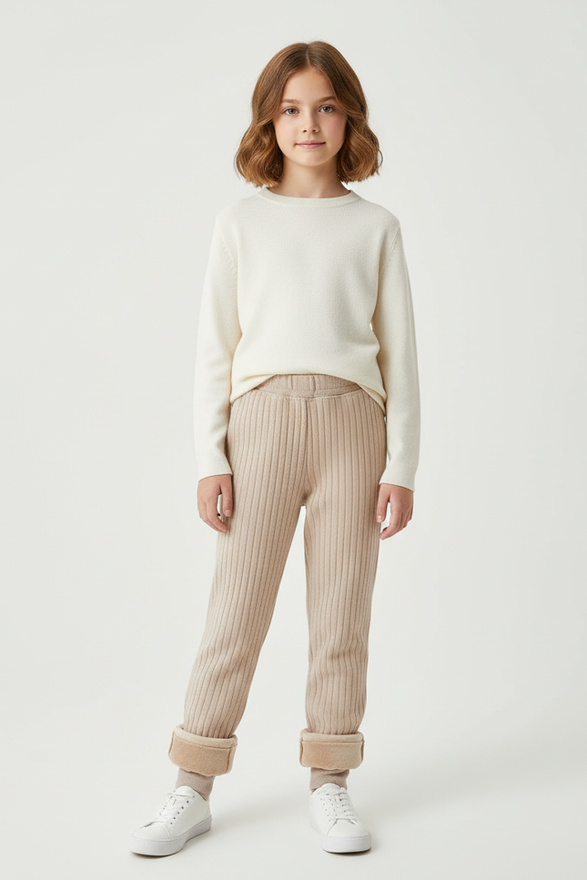 Pantalon Beige Côtelé Doublé Polaire Fille Confortable - Maille