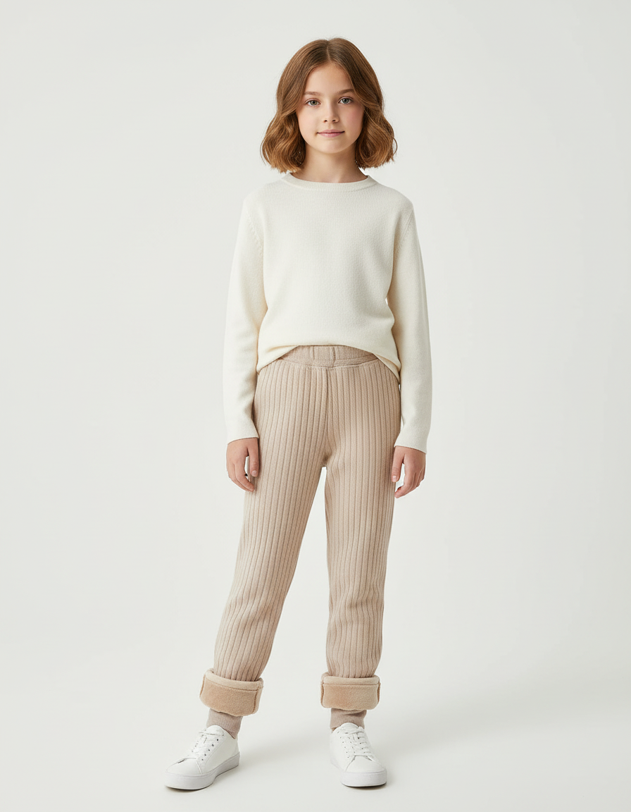 Pantalon Beige Côtelé Doublé Polaire Fille Confortable - Maille