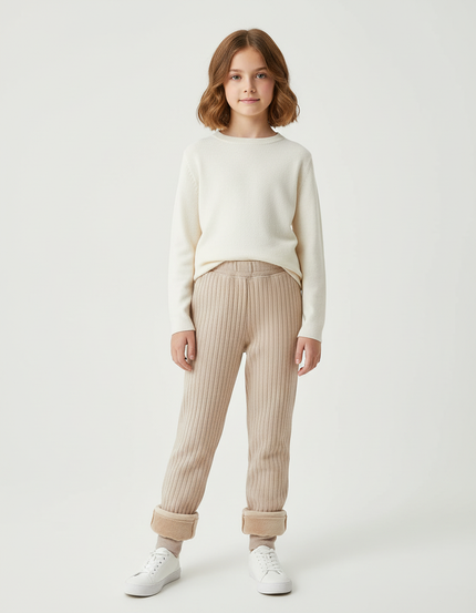 Pantalon Beige Côtelé Doublé Polaire Fille Confortable - Maille