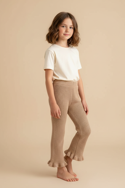 Pantalon Beige Tricoté Évasé Volants Fille Confortable - Maille
