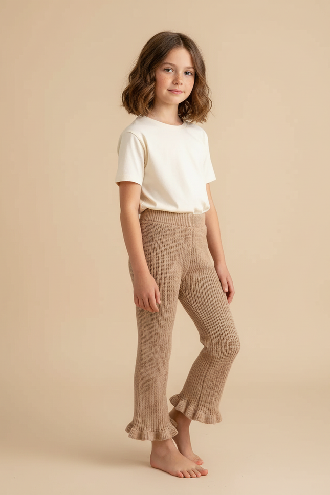 Pantalon Beige Tricoté Évasé Volants Fille Confortable - Maille