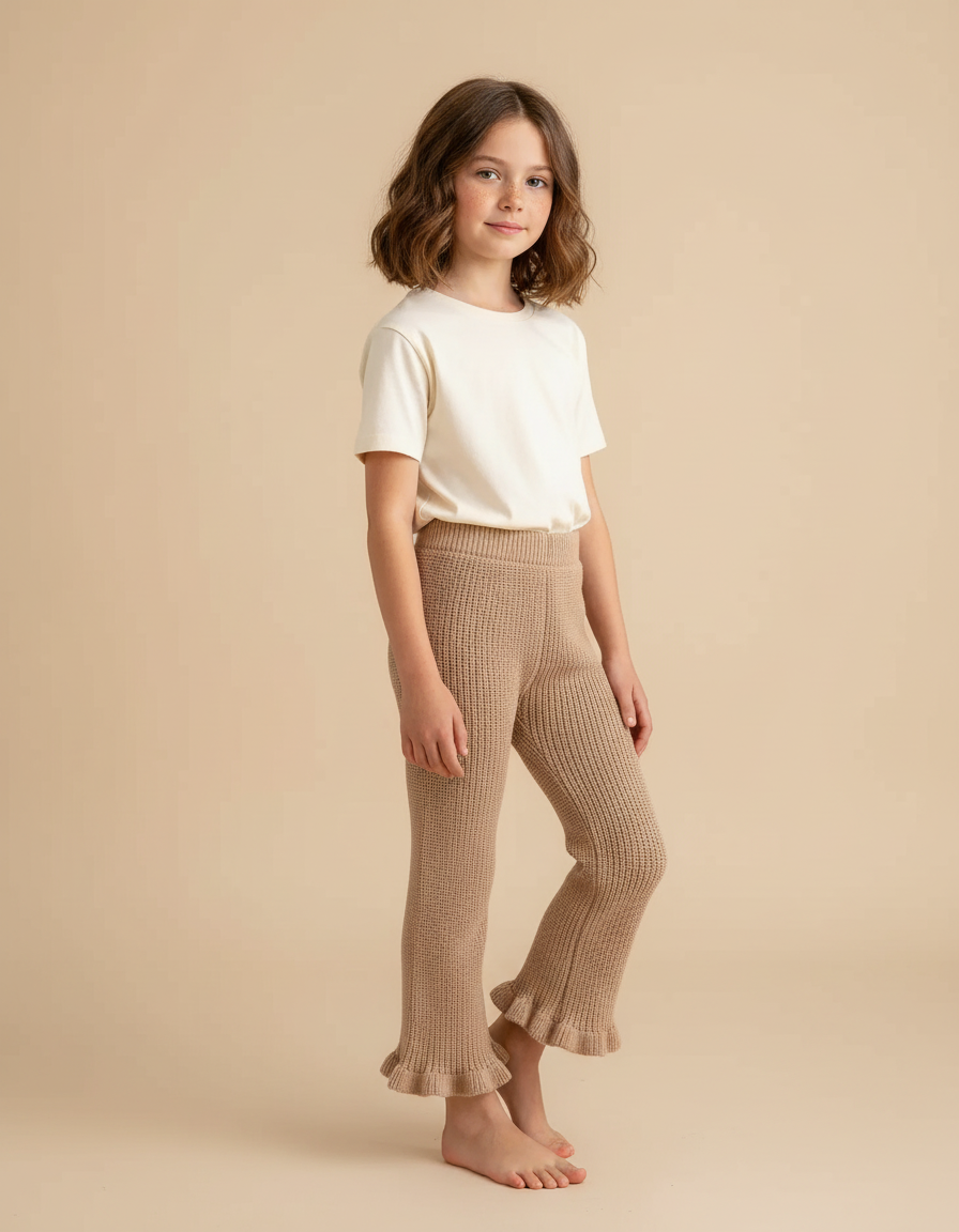 Pantalon Beige Tricoté Évasé Volants Fille Confortable - Maille