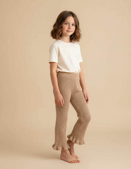 Pantalon Beige Tricoté Évasé Volants Fille Confortable - Maille