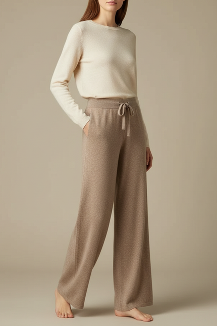 Pantalon Beige Laine Tricoté Ample Confortable Cordon