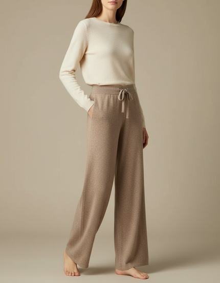 Pantalon Beige Laine Tricoté Ample Confortable Cordon