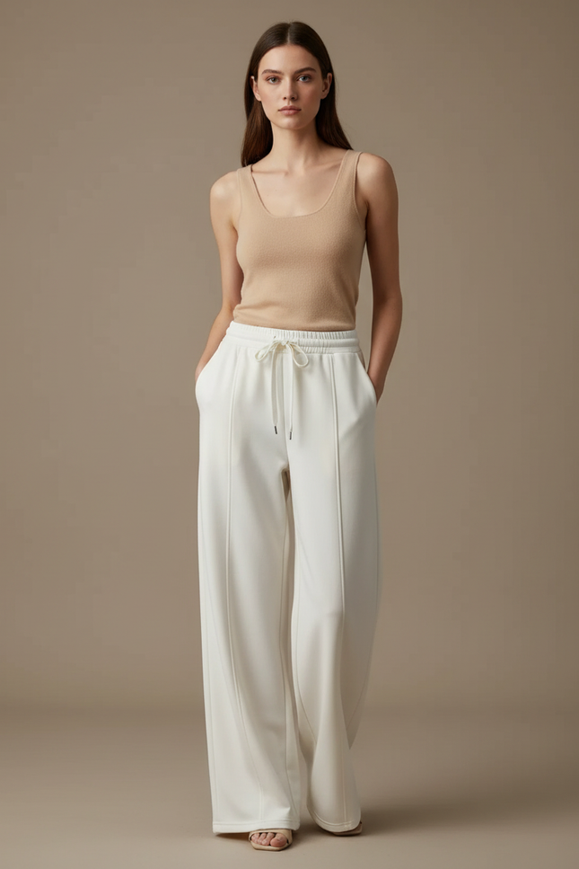 Pantalon Beige Ample Fluide Sport Décontracté Femme - Blanc Molleton