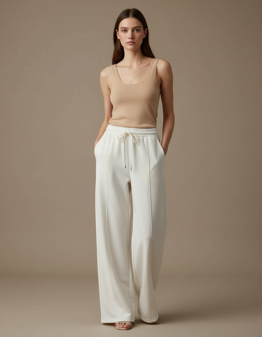 Pantalon Beige Ample Fluide Sport Décontracté Femme - Blanc Molleton