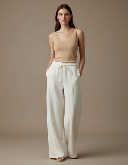 Pantalon Beige Ample Fluide Sport Décontracté Femme - Blanc Molleton
