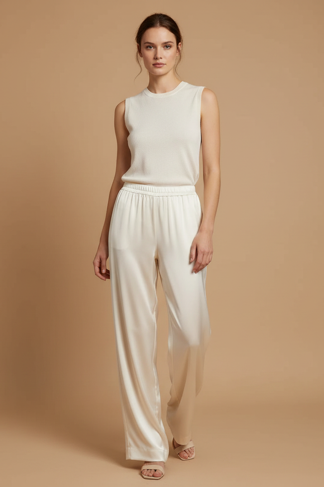 Pantalon Beige Fluide Satiné Ample Décontracté Femme