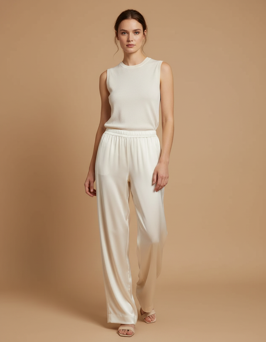 Pantalon Beige Fluide Satiné Ample Décontracté Femme