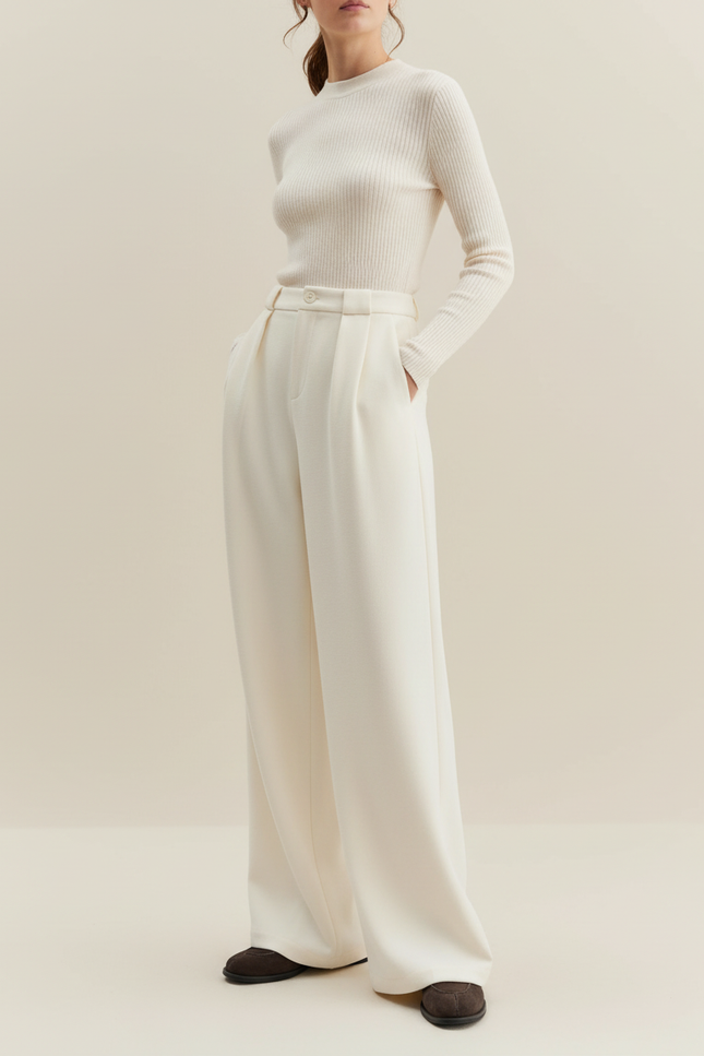 Pantalon Beige Taille Haute Ample Plissé Élégant Femme - Gabardine