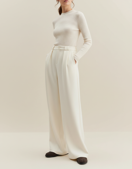 Pantalon Beige Taille Haute Ample Plissé Élégant Femme - Gabardine