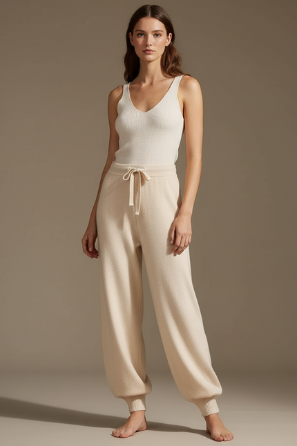 Pantalon Beige Ample Tricoté Cordon Confortable - Maille