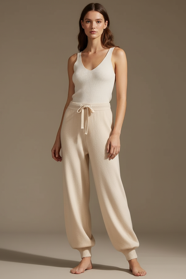 Pantalon Beige Ample Tricoté Cordon Confortable - Maille