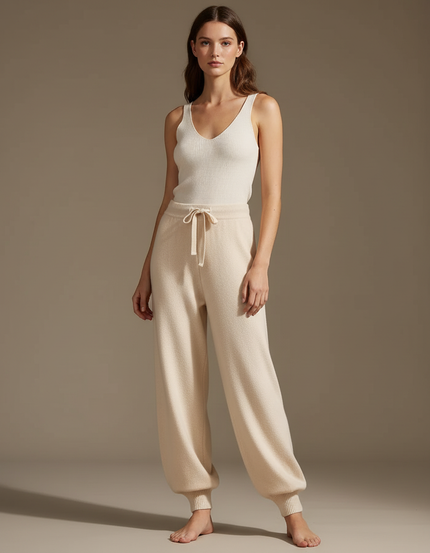 Pantalon Beige Ample Tricoté Cordon Confortable - Maille