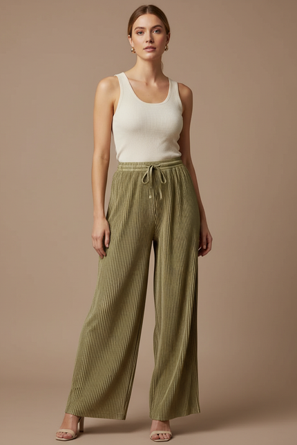 Pantalon Beige Plissé Ample Fluide Côtelé Femme - Kaki Cordé
