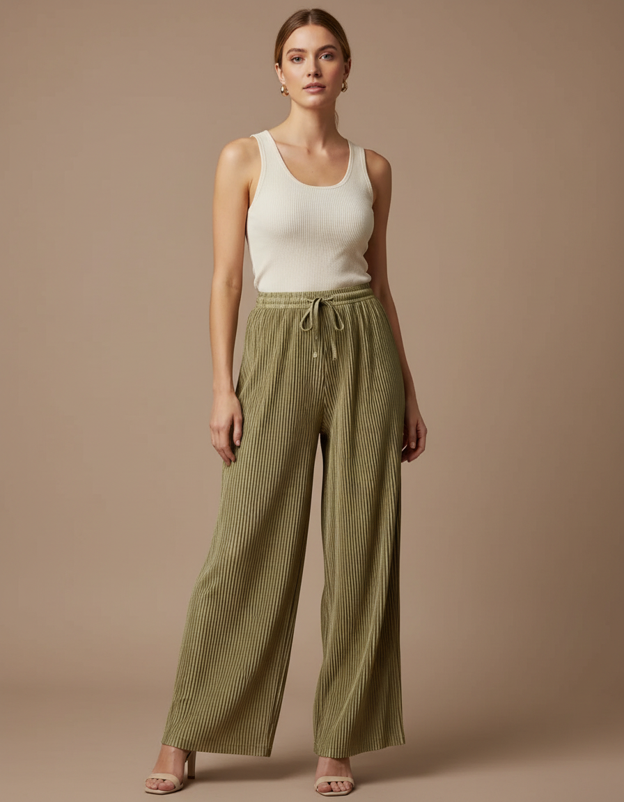 Pantalon Beige Plissé Ample Fluide Côtelé Femme - Kaki Cordé