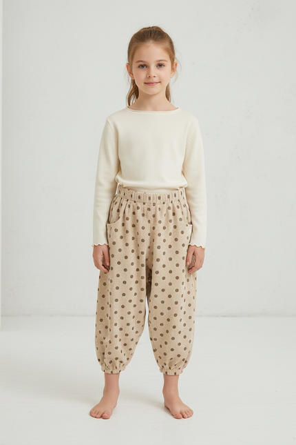 Pantalon Beige Côtelé Ample Pois Fille - Cordé