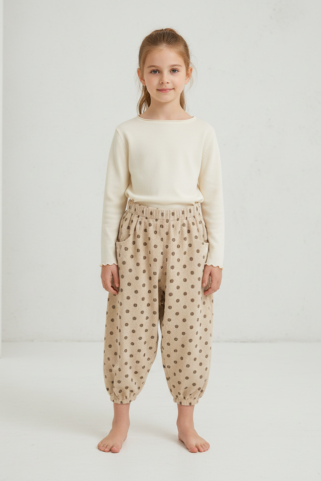 Pantalon Beige Côtelé Ample Pois Fille - Cordé