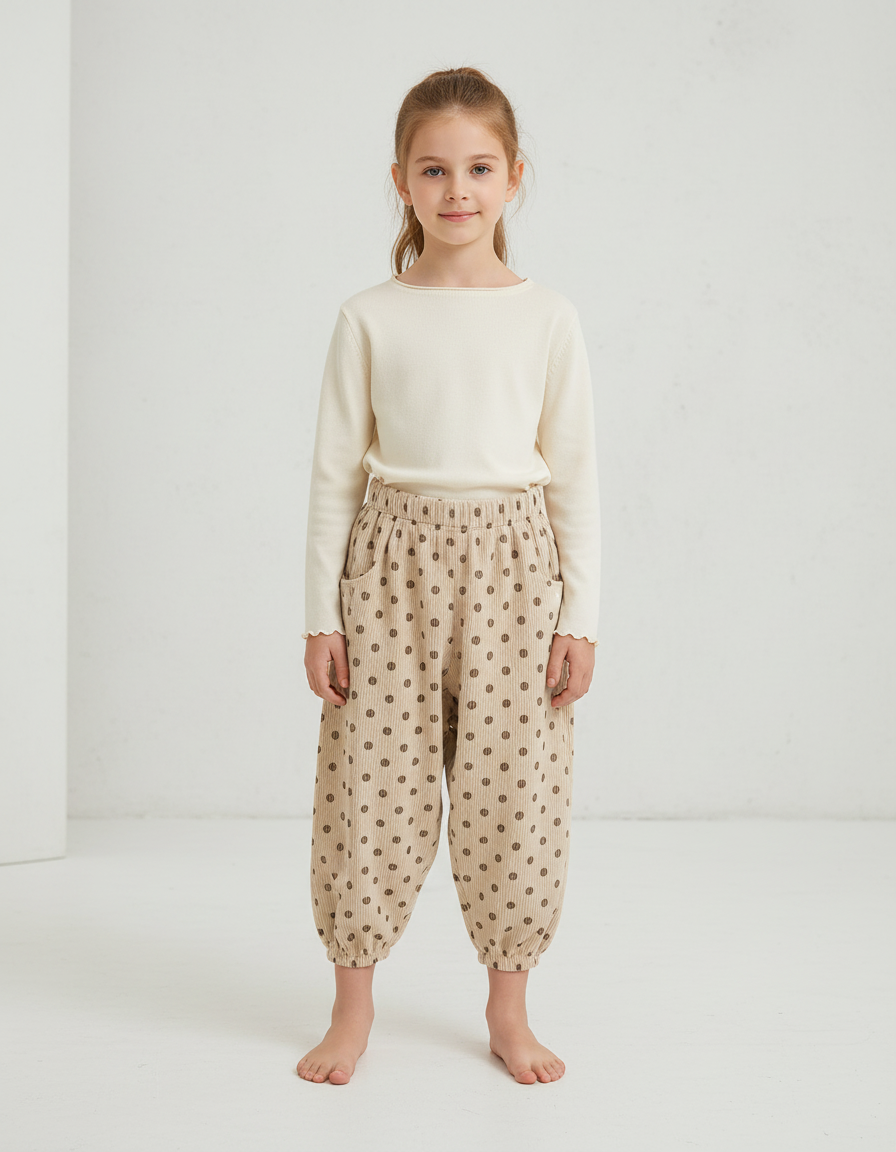 Pantalon Beige Côtelé Ample Pois Fille - Cordé