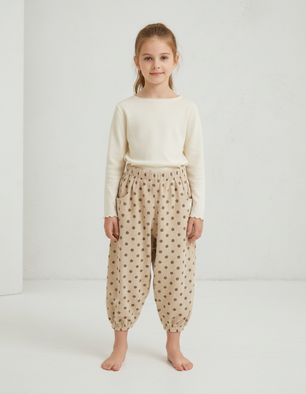 Pantalon Beige Côtelé Ample Pois Fille - Cordé