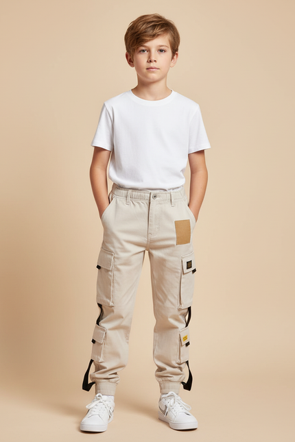 Pantalon Beige Cargo Enfant Multipoches Décontracté - Toile