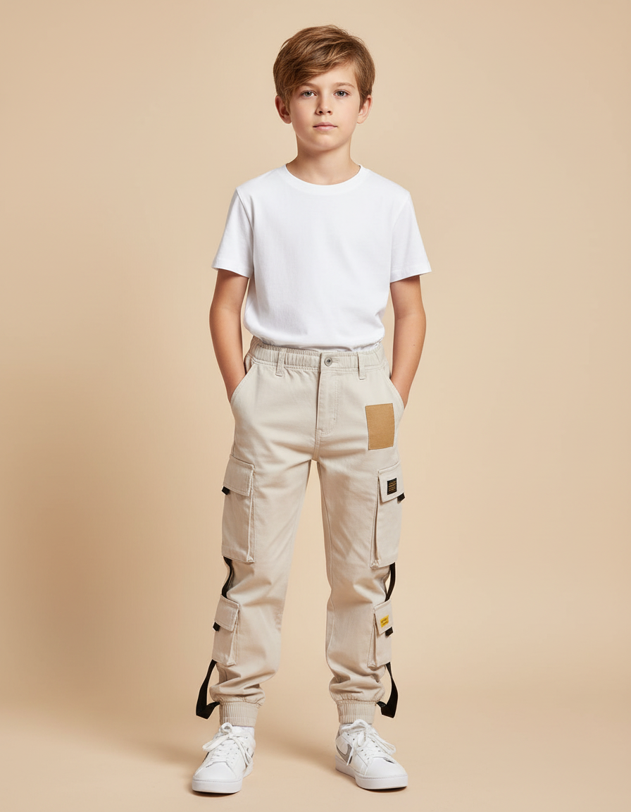 Pantalon Beige Cargo Enfant Multipoches Décontracté - Toile