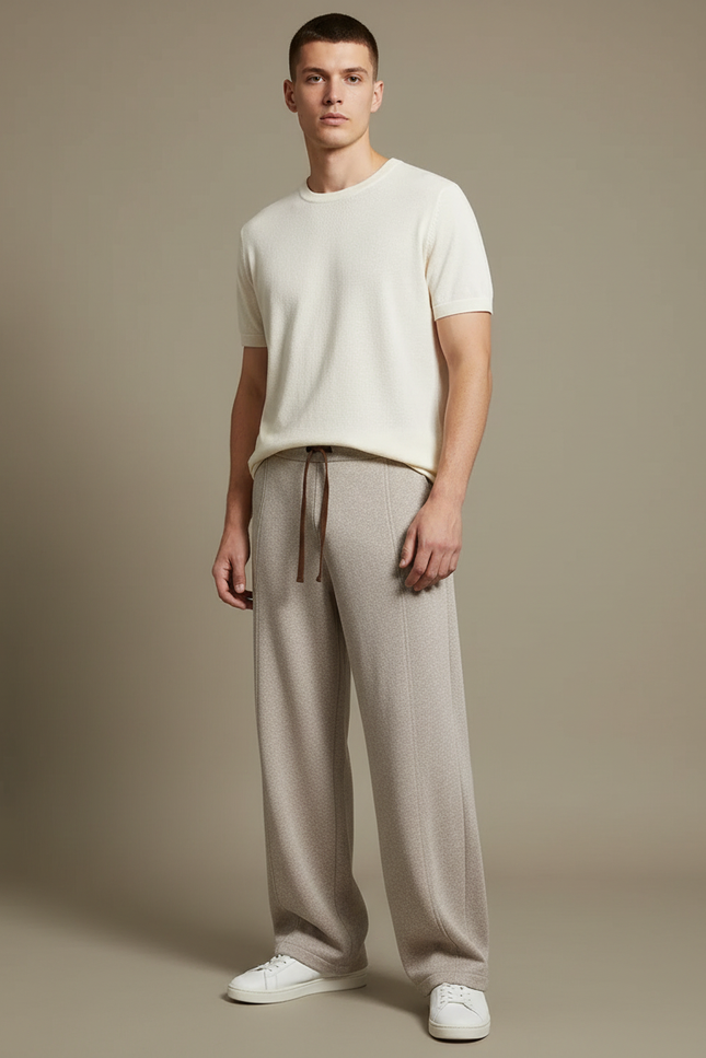 Pantalon Beige Ample Tricoté Laine Droite Homme - Maille