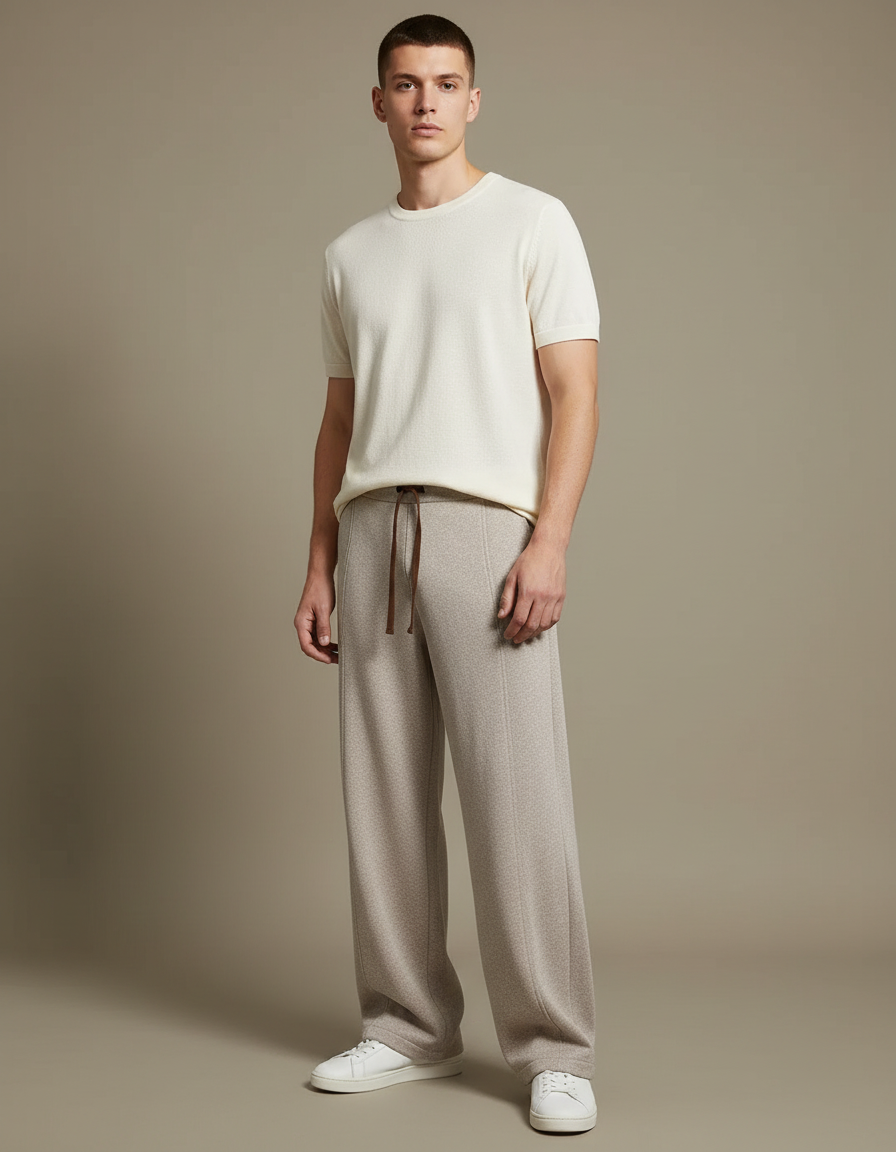 Pantalon Beige Ample Tricoté Laine Droite Homme - Maille