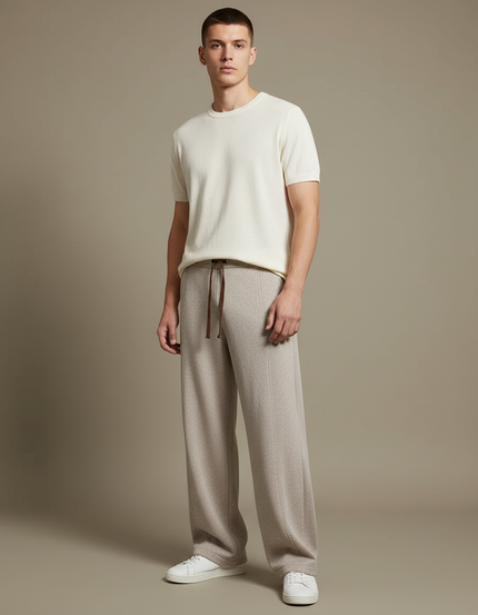Pantalon Beige Ample Tricoté Laine Droite Homme - Maille