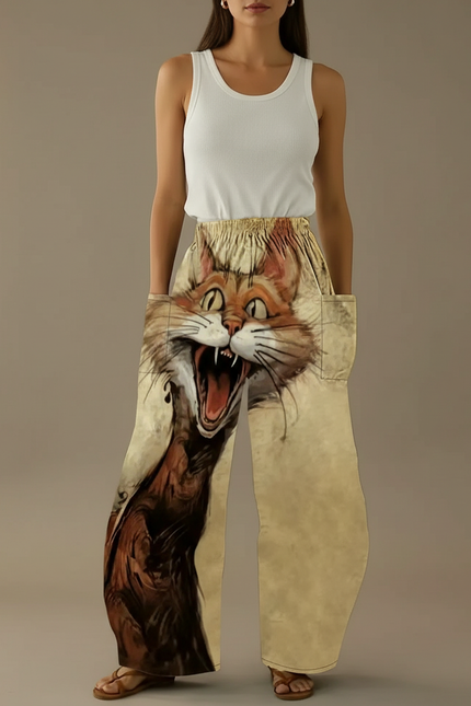 Pantalon Beige Ample Imprimé Chat Taille Élastique - Polyester