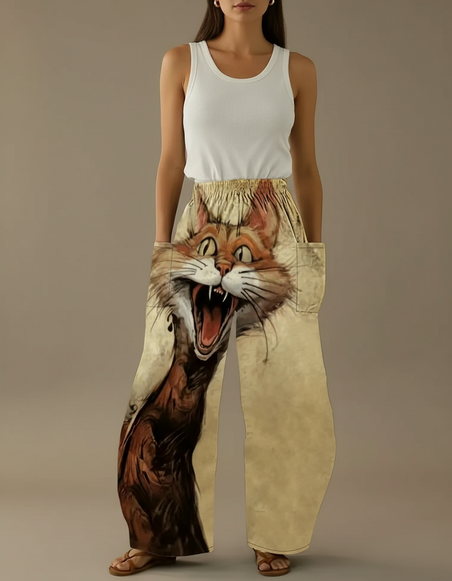Pantalon Beige Ample Imprimé Chat Taille Élastique - Polyester
