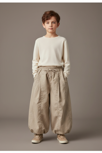 Pantalon Beige Ample Coton Élastique Garçon Décontracté - Gabardine
