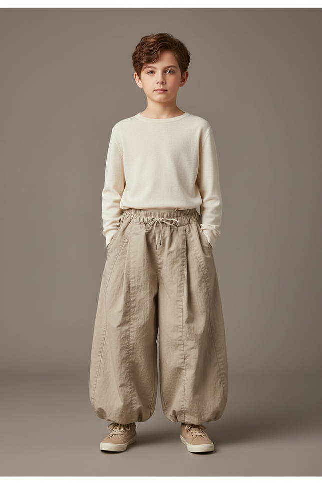 Pantalon Beige Ample Coton Élastique Garçon Décontracté - Gabardine