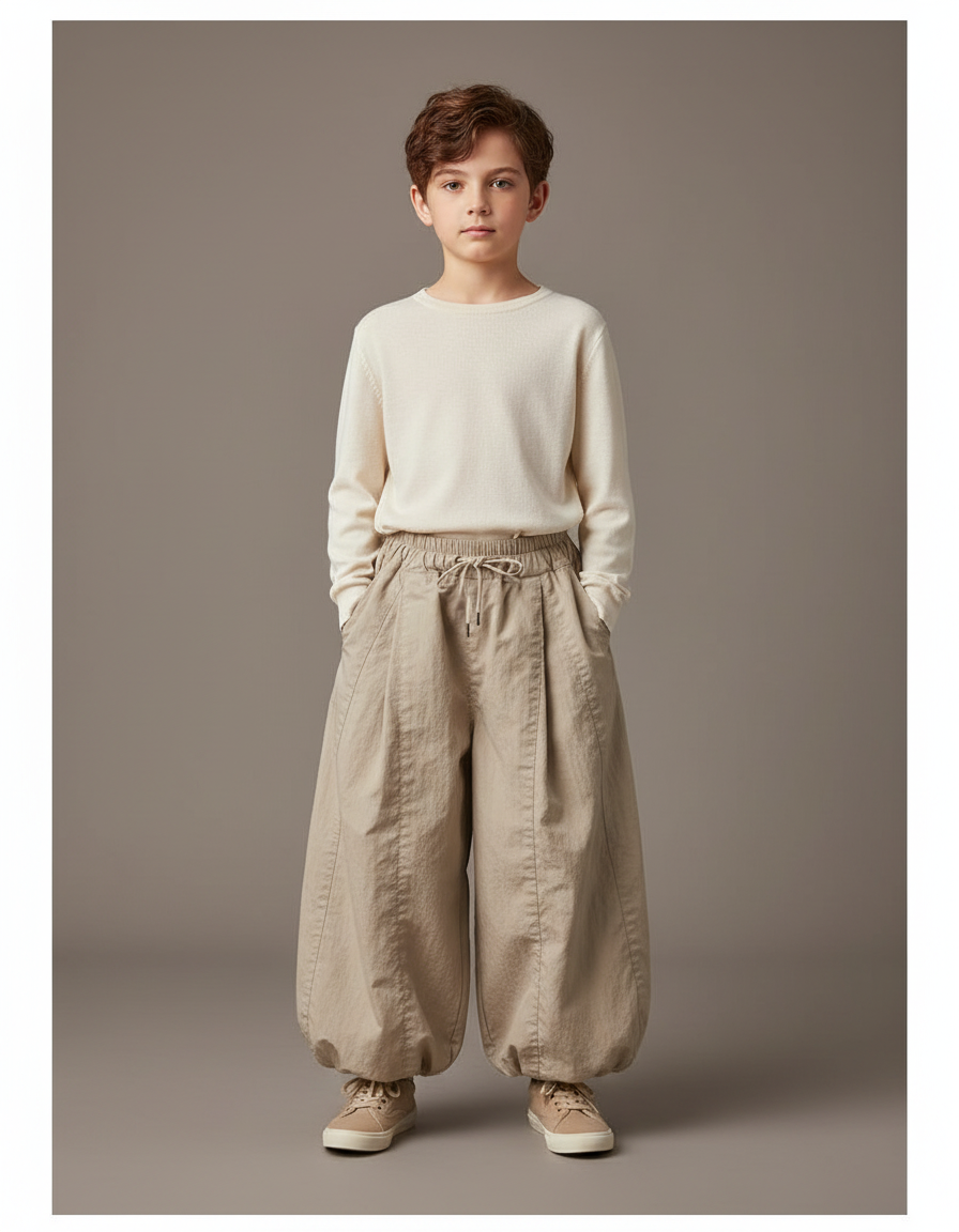 Pantalon Beige Ample Coton Élastique Garçon Décontracté - Gabardine