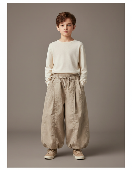 Pantalon Beige Ample Coton Élastique Garçon Décontracté - Gabardine