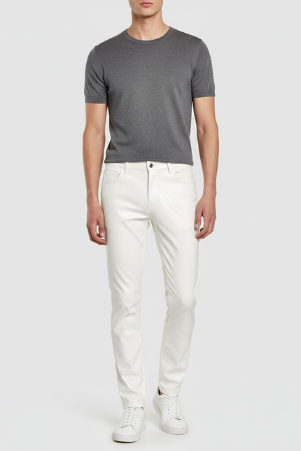 Pantalon Beige Similicuir Slim Fit Homme - Blanc Simili cuir